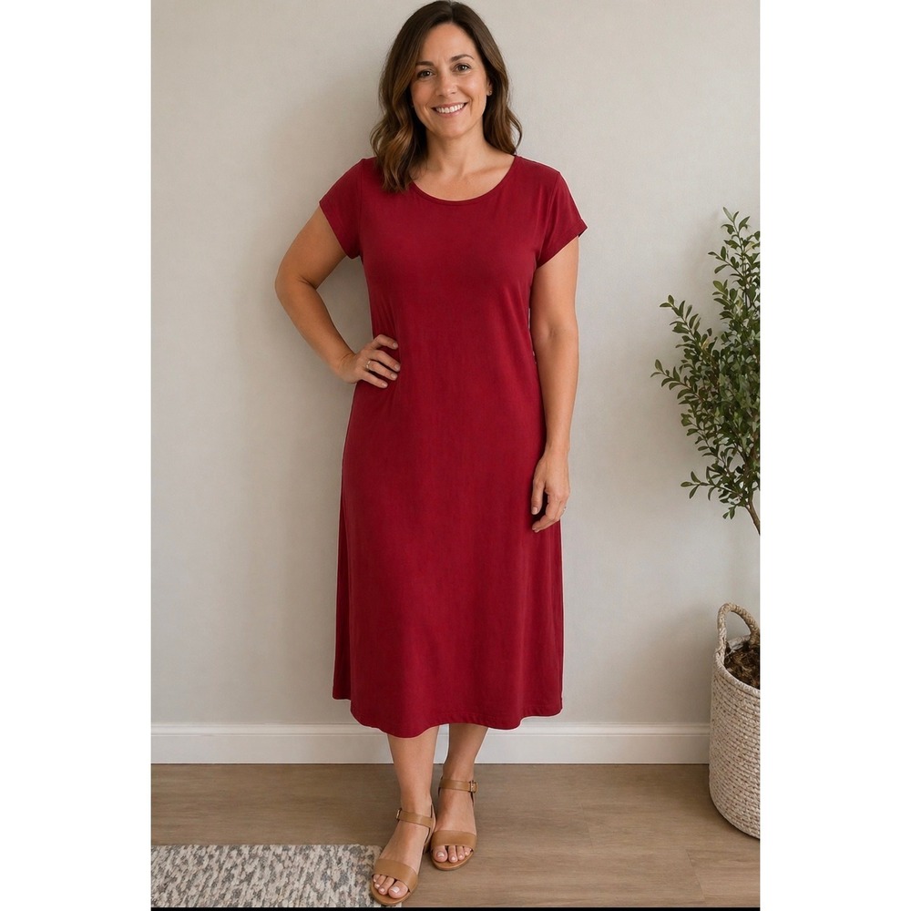 Coldwater Creek Red Rayon Short Sleeve Maxi Dress 10P Side Slit‎ Crinkle Texture